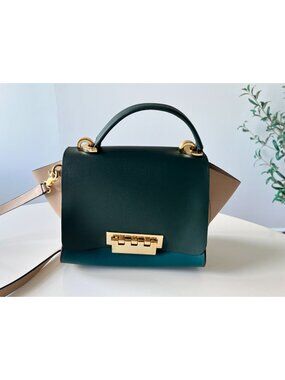 Zac Posen Eartha Leather Top Handle Crossbody Colorblock Satchel Bag Green